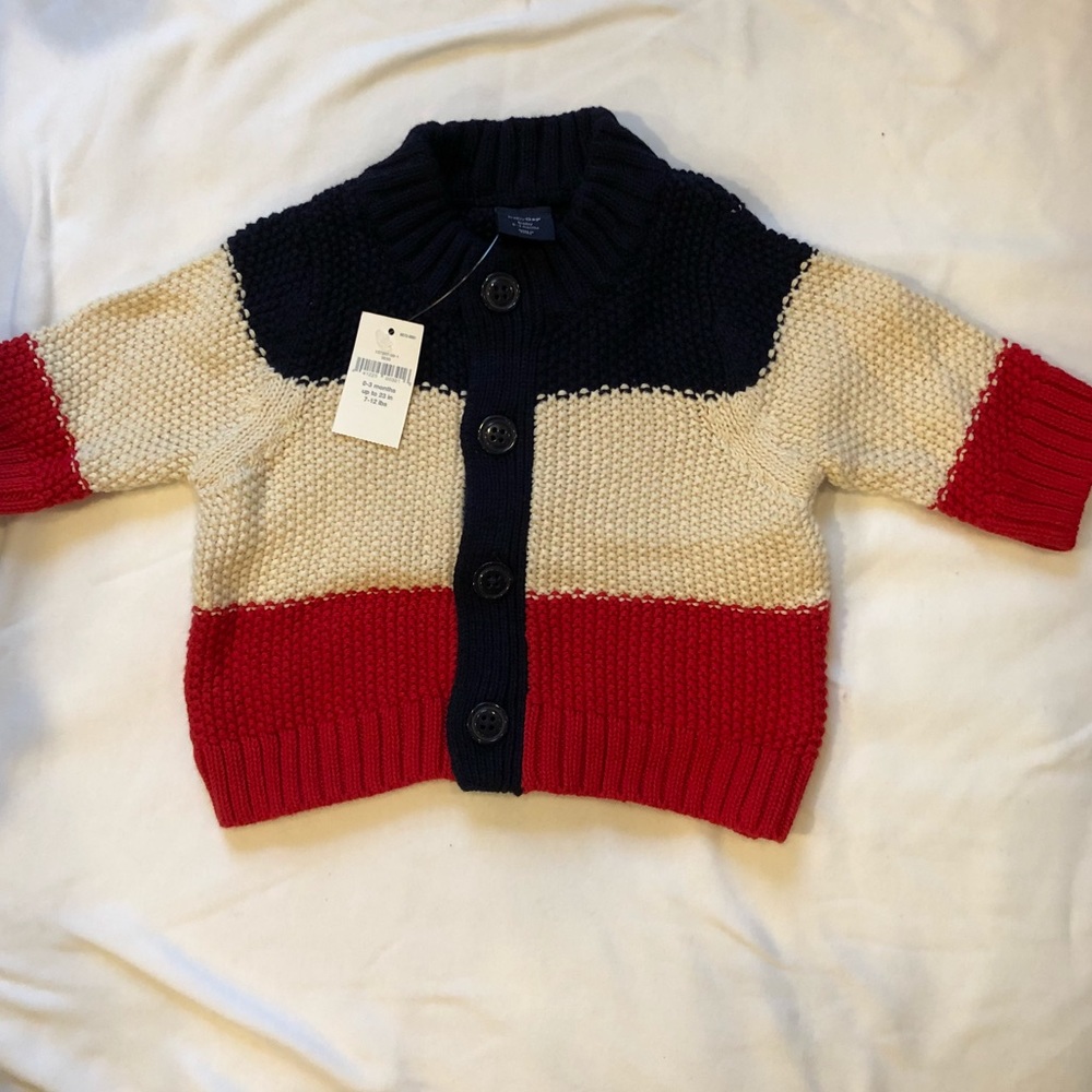 NWT baby gap blue/ivory/red striped cardigan 0-3M